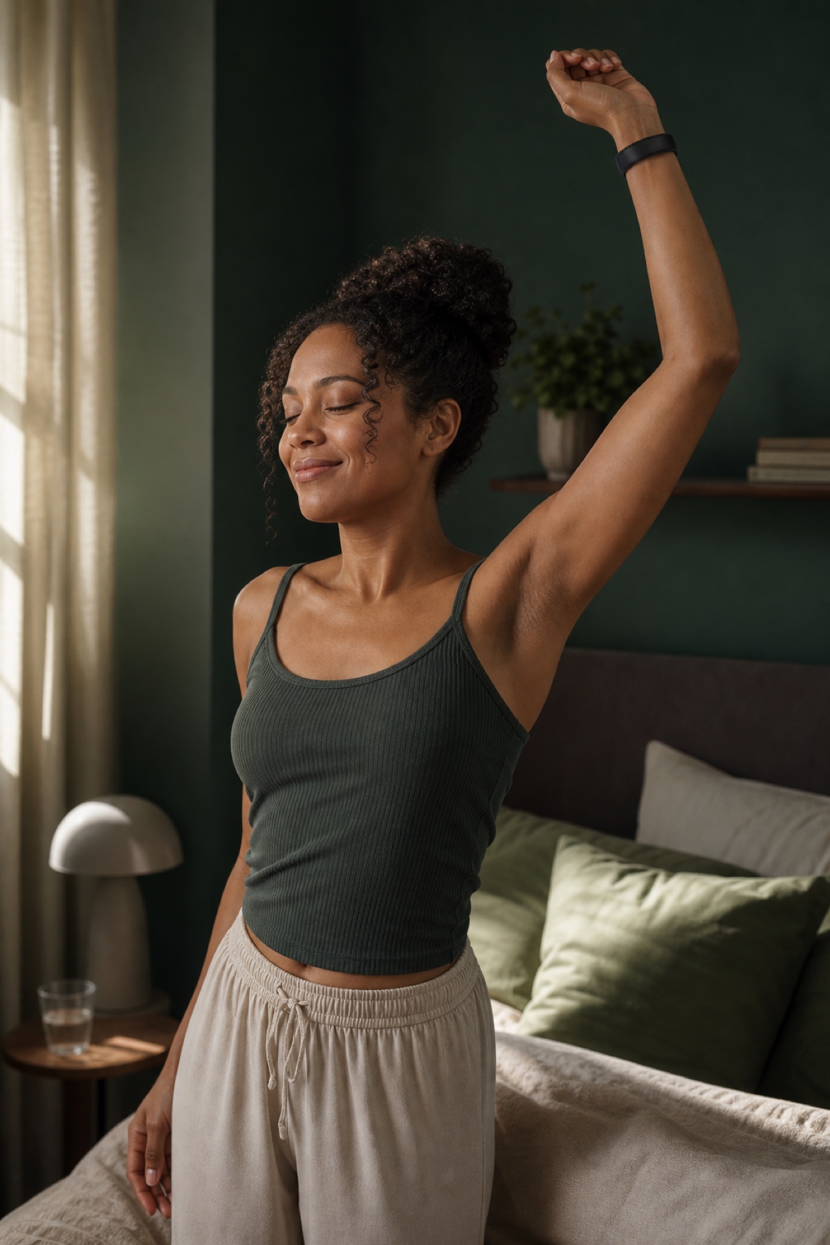 Mujer feliz se estira al despertar usando BIVRA