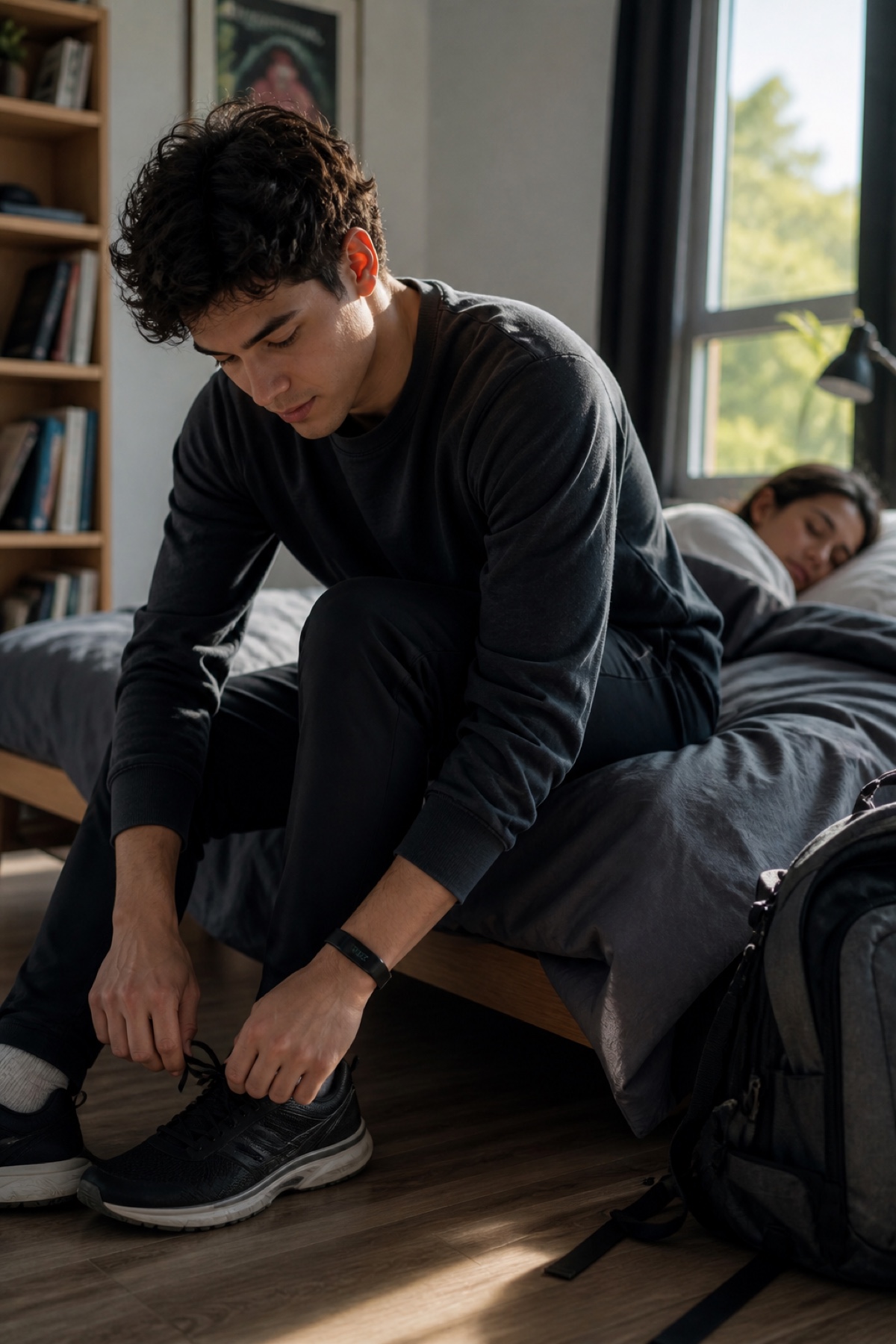 Estudiante chileno se prepara en silencio mientras su compañero duerme